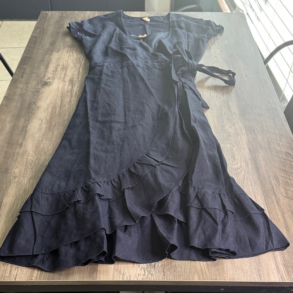 J. Crew Vintage Navy 100% Linen Asymmetrical Wrap Dress